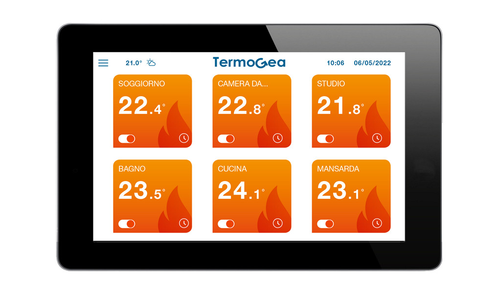 Pannello touch screen con gateway integrto per i sistemi di termoregolazione remota.