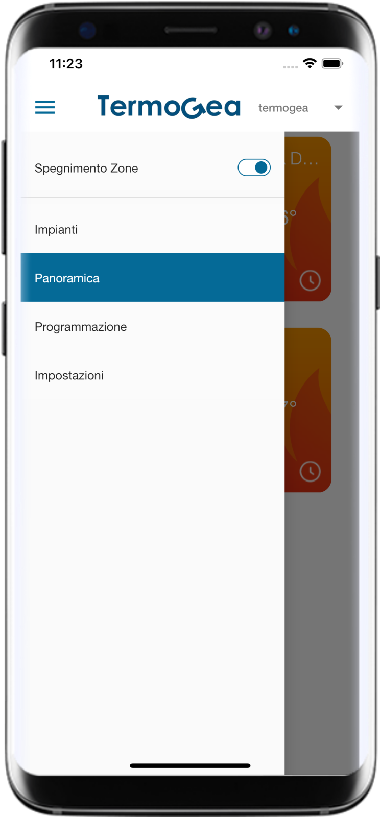 Termogea App IoS & Android main menù.