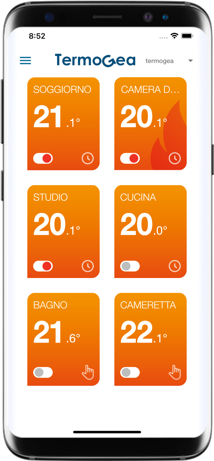 Termogea App IoS & Android zones menù.